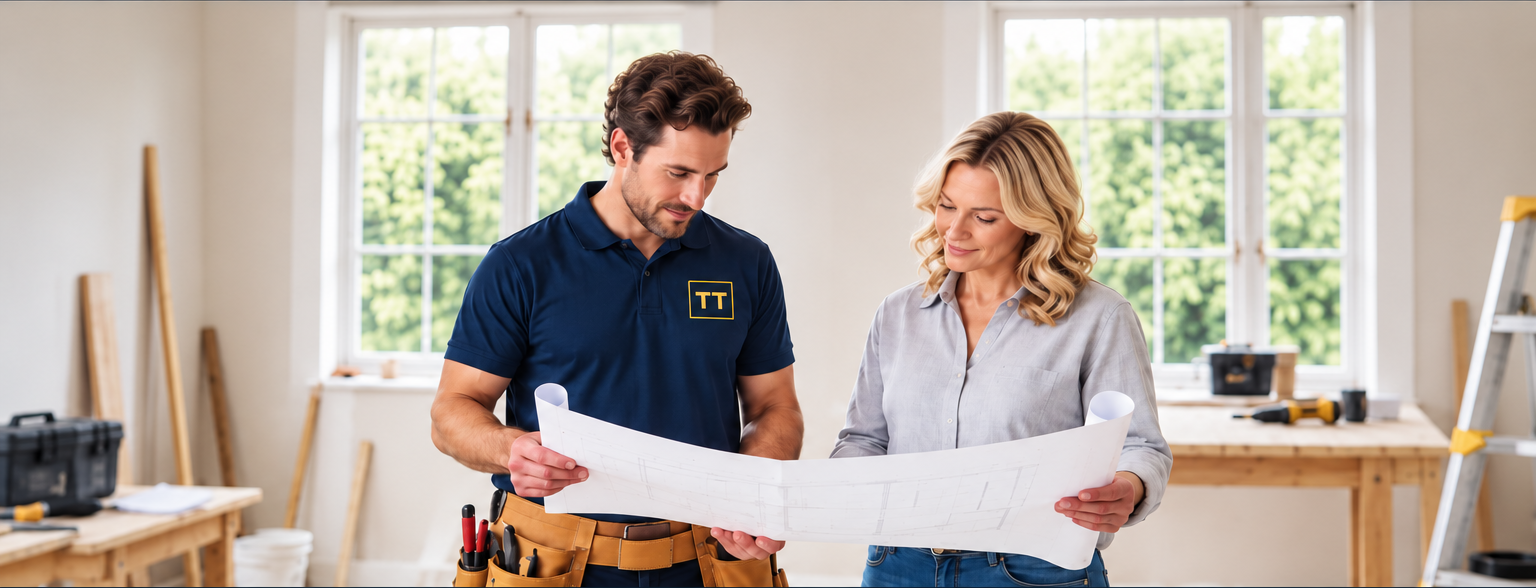 Tradesman and client reviewing plans together